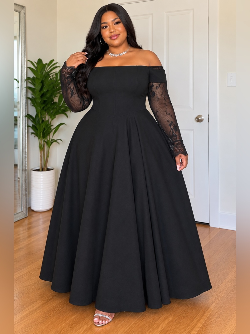 Viva Relle Plus Size Black Off Shoulder Lace Sleeve Maxi Dress 4XL BNWOT